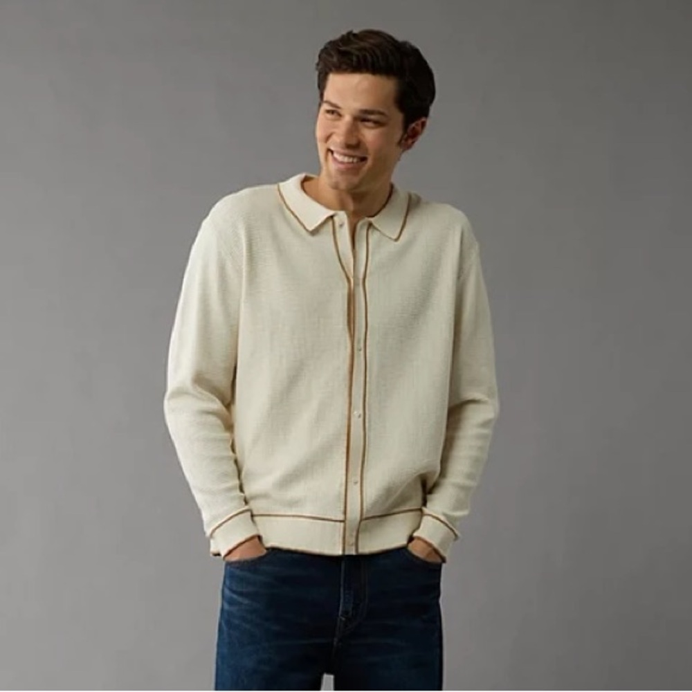American Eagle Men’s Long-Sleeve Tipped Waffle Sweater Polo Shirt Cream Sz Large